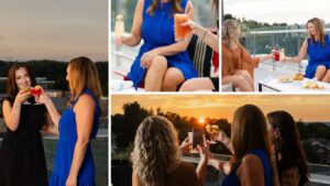 Collage of personal brand photos on the rooftop of the Highlander Hotel in Radford VA featuring businesswomen enjoying drinks, food, and taking photos at sunset