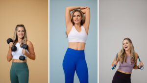 Collage of branding photos for fitness influencer Amy from BodyFit by Amy, featuring strong, confident portraits and personal brand content for her business