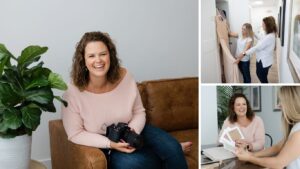 Collage of branding photos showing a photographer helping a client select outfits, capturing a personal brand portrait, and working during a client session in Christiansburg VA