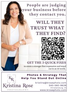 Magazine advertisement for Kristina Rose Photography featuring a professional branding portrait of Kristina Rose promoting branding photography and marketing strategy to help small businesses create a stronger first impression online.